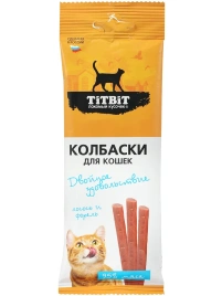 Лакомство Titbit Двойное удовольствие колбаски для кошек, с лососем и форелью, 45 г