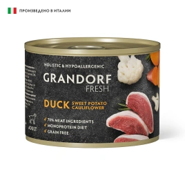 Влажный корм консервы Grandorf Fresh Duck & Sweet Potato для собак паштет из утки, с бататом и цветной капустой 200 г