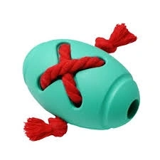 Игрушка Homepet Silver Series для собак, мяч регби с канатом бирюзовый каучук, 8 см х 12,7 см
