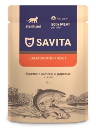 Влажный корм SAVITA Salmon & Trout для стерилизованных кошек, с лососем и форелью в желе, 85 г