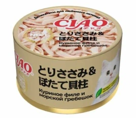 Влажный корм Inaba Ciao Chicken для кошек, куриное филе и морской гребешок, 85 г