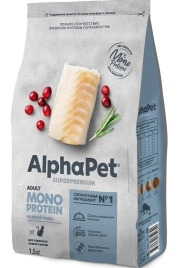 Сухой корм ALPHAPET Superpremium Monoprotein White Fish для взрослых кошек, с белой рыбой, 1,5 кг