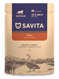 Влажный корм SAVITA Duck & Vegetables для стерилизованных кошек, с уткой и овощами в соусе, 85 г