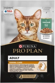 Влажный корм PRO PLAN Cod для взрослых кошек с чувствительной кожей, нежные кусочки, с треской, в соусе, 85 г