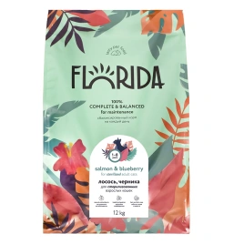 Сухой корм FLORIDA Sterilised 34 Salmon & Blueberry для стерилизованных кошек, с лососем и черникой, 12 кг