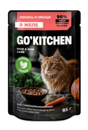 Влажный корм Go'Kitchen Salmon & Vegetables для стерилизованных кошек, с лососем и овощами в желе, 85 г