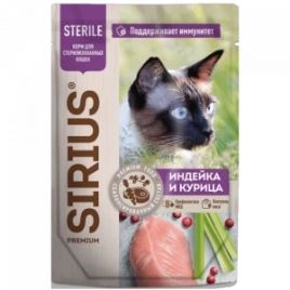Влажный корм SIRIUS Premium Sterile консервированный Turkey & Chicken для для стерилизованных кошек кусочки в соусе, с индейкой и курицей, 85 г