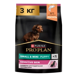 Сухой корм PRO PLAN Salmon для щенков мелких и карликовых пород с чувствительной кожей, с лососем, 3 кг