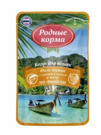 Влажный корм Родные корма заморские паучи Tuna, Chicken & Salmon для кошек, филе тунца с курицей и лососем в желе по-тайски, 70 г