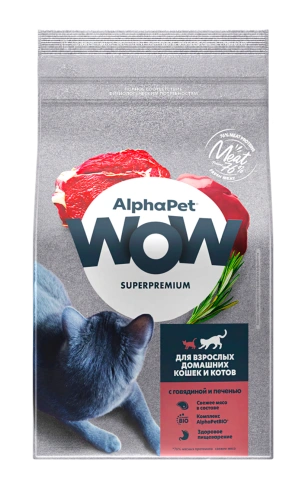 Сухой корм ALPHAPET WOW Superpremium Beef & Liver для взрослых домашних кошек и котов, с говядиной и печенью, 1,5 кг фото 1
