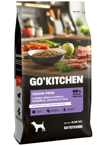 Сухой корм Go'Kitchen Chicken, Turkey, Salmon & Duck для взрослых собак всех пород, с курицей., с курицей, индейкой, лососем и уткой, 5,44 кг фото 4