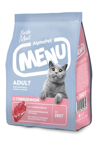 Сухой корм ALPHAPET MENU Beef для взрослых кошек и котов, с говядиной, 350 г фото 1