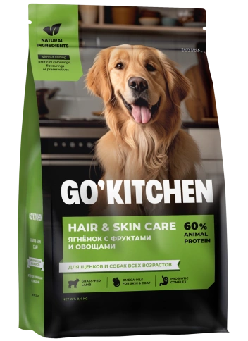 Сухой корм Go'Kitchen для щенков и собак всех пород Hair & Skin Care, со свежим ягненком, фруктами и овощами, 400г фото 1