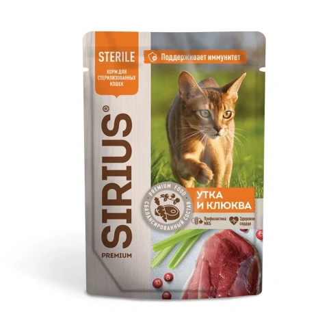 Влажный корм SIRIUS Premium Sterile консервированный Duck & Cranberry для для стерилизованных кошек кусочки в соусе утка с клюквой, 85 г фото 1