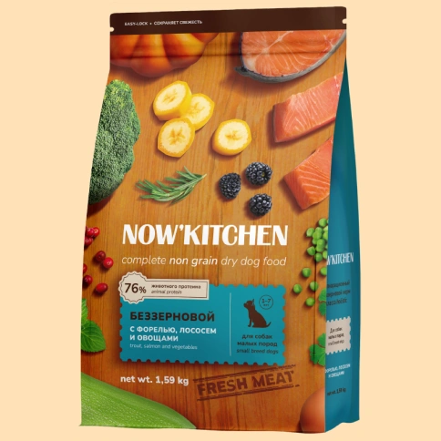 Сухой корм NOW'KITCHEN Fresh Small Adult Trout & Salmon для взрослых собак малых пород со свежей, с форелью и лососем, 1,59 кг фото 1