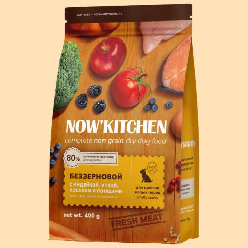 Сухой корм NOW'KITCHEN Turkey, Duck, Salmon & Vegetables для щенков малых пород, с индейкой, уткой, лососем и овощами, 400 г фото 1