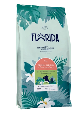 Сухой корм FLORIDA Sterilised 34 Salmon & Blueberry для стерилизованных кошек, с лососем и черникой, 7 кг фото 1
