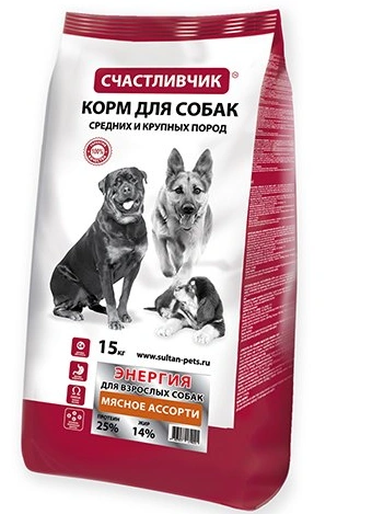 Сухой корм Счастливчик Энергия Meat Assortment для взрослых собак средних и крупных пород, с мясным ассорти, 15 кг фото 1