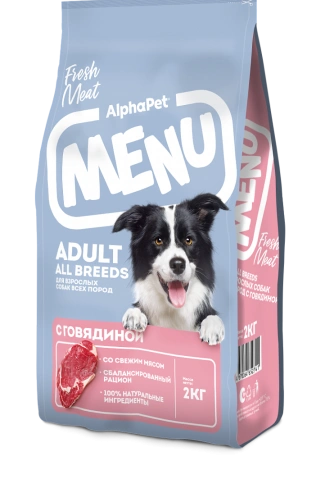 Сухой корм ALPHAPET MENU Beef для взрослых собак всех пород, с говядиной, 2 кг фото 1