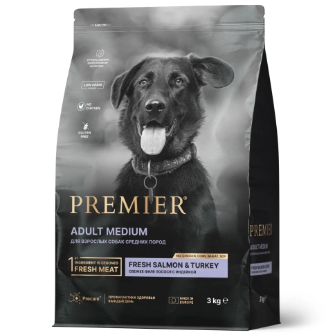 Сухой корм Premier Dog Salmon & Turkey Adult Medium для собак средних пород, 3 кг фото 1