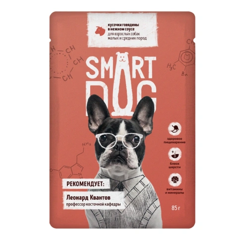 Влажный корм Smart Dog Beef для собак малых и средних пород, кусочки говядины в нежном соусе, 85 г фото 1