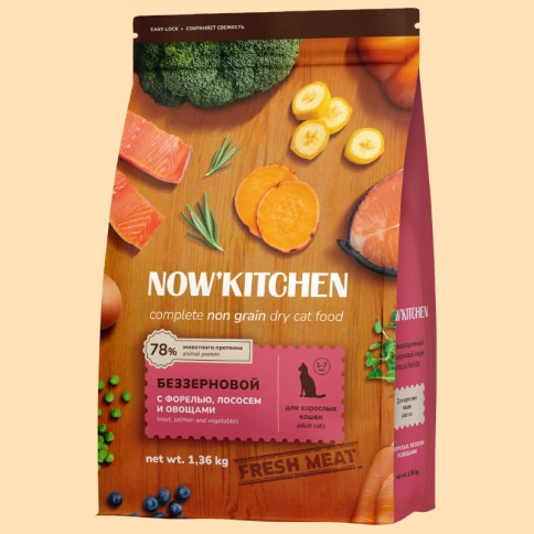 Сухой корм NOW'KITCHEN Fresh Adult Trout, Salmon & Vegetables для взрослых кошек со свежей форелью, лососем и овощами, 1,36 кг фото 1