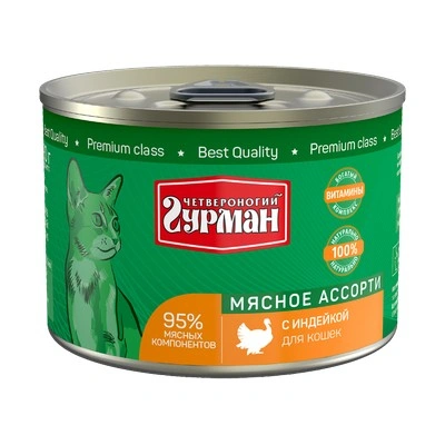 Влажный корм Четвероногий Гурман Turkey & Meat Assortment для кошек, с индейкой и мясным ассорти, 190 г фото 1