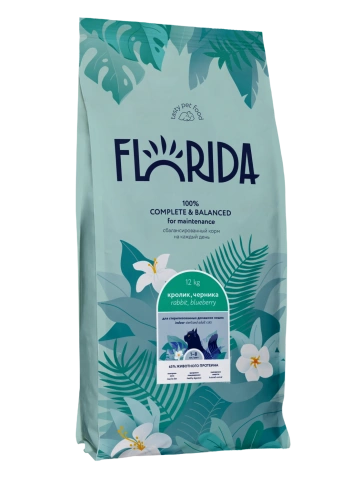 Сухой корм FLORIDA Indoor Sterilized 33 Rabbit & Blueberry для домашних стерилизованных кошек, с кроликом и черникой, 12 кг фото 1