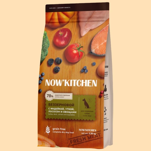 Сухой корм NOW'KITCHEN Fresh Senior Turkey, Duck & Salmon для собак старше 7 лет со свежей индейкой,уткой, с индейкой, уткой и лососем, 9,98 кг фото 1