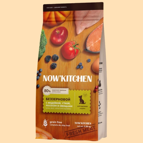 Сухой корм NOW'KITCHEN Fresh Puppy Turkey, Duck & Salmon для щенков со свежей индейкой, с индейкой, уткой и лососем, 9,98 кг фото 1