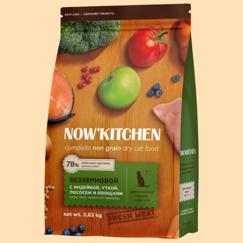 Сухой корм NOW'KITCHEN Fresh Senior Turkey, Duck & Salmon для кошек старше 7 лет со свежей индейкой, с индейкой, уткой и лососем, 3,36 кг фото 1