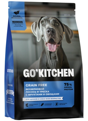 Сухой корм GO'KITCHEN Для щенков и собак всех возрастов с лососем, треской, фруктами и овощами, 400 г фото 1