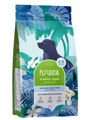 Сухой корм FLORIDA Medium Puppy Lamb & Pear для щенков средних пород, с ягненком и грушей, 3 кг фото 1