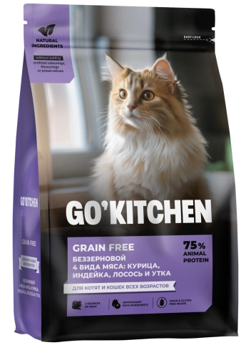 Сухой корм Go'Kitchen Chicken, Turkey, Salmon & Duck для котят и кошек всех возрастов, с курицей, с курицей, индейкой, лососем и уткой, 1,36 кг фото 1