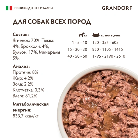 Влажный корм Grandorf Lamb, Pumpkin & Broccoli для собак, паштет из ягненка с тыквой и брокколи, 200 г фото 6
