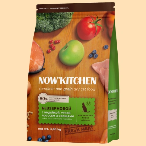 Сухой корм NOW'KITCHEN Fresh Adult Turkey, Duck, Salmon & Vegetables для взрослых кошек со свежей индейкой,уткой,лососем и овощами, 3,63 кг фото 1