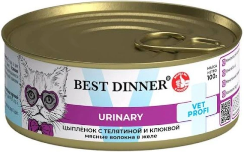 Влажный корм Best Dinner VET PROFI Urinary Exclusive для кастрированных котов и стерилизованных кошек, телятина с клюквой в желе, 100 г фото 1