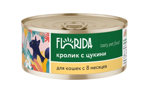 Влажный корм FLORIDA Rabbit для взрослых кошек из кролика с цукини, 100 г фото 1