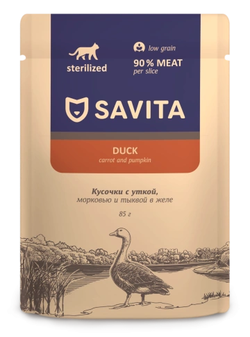 Влажный корм SAVITA Duck & Vegetables для стерилизованных кошек, с уткой и овощами в желе, 85 г фото 1