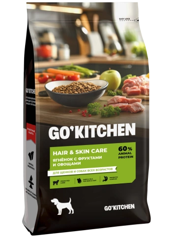 Сухой корм GO'KITCHEN для щенков и собак всех возрастов, Hair & Skin Care со свежим ягненком, фруктами и овощами, 18 кг фото 1