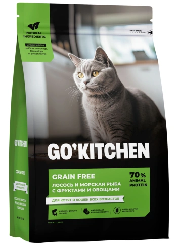 Сухой корм GO'KITCHEN для котят и кошек всех возрастов с лососем и морской рыбой, 1.36 кг фото 1