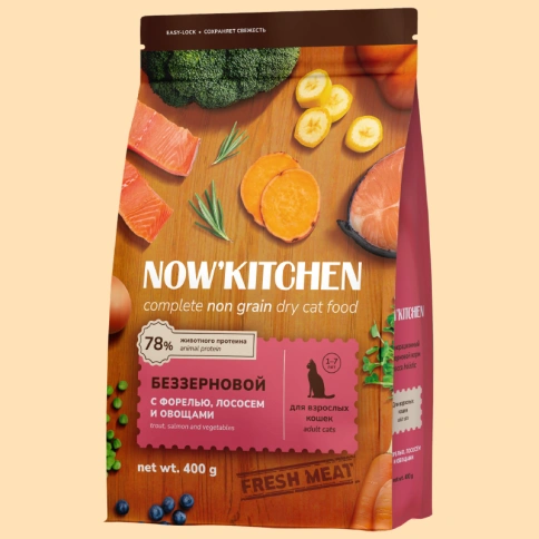 Сухой корм NOW'KITCHEN Fresh Adult Trout, Salmon & Vegetables для взрослых кошек со свежей форелью, лососем и овощами, 400 г фото 1
