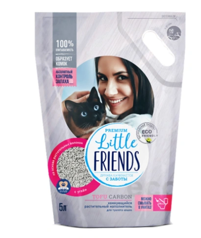 Наполнитель Little Friends Tofu Carbon комкующийся растительный для кошачьих туалетов, 5 л фото 1