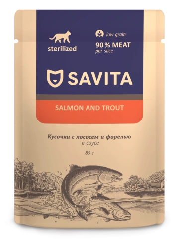 Влажный корм SAVITA Salmon & Trout для стерилизованных кошек, с лососем и форелью в соусе, 85 г фото 1