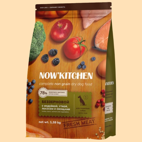 Сухой корм NOW'KITCHEN Fresh Senior Turkey, Duck & Salmon для собак старше 7 лет со свежей индейкой,уткой, с индейкой, уткой и лососем, 1,59 кг фото 1