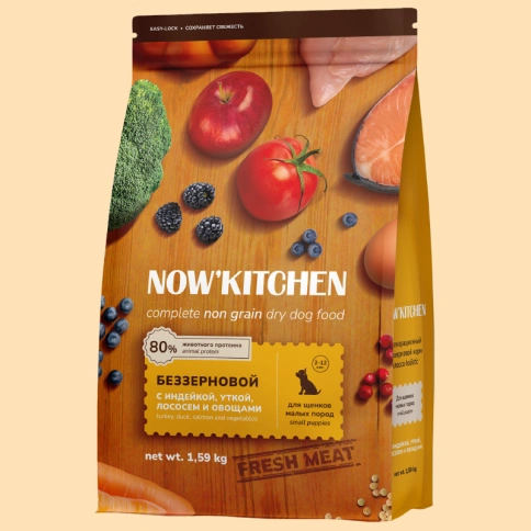 Сухой корм NOW'KITCHEN Turkey, Duck, Salmon & Vegetables для щенков малых пород, с индейкой, уткой, лососем и овощами, 1,59 кг фото 1