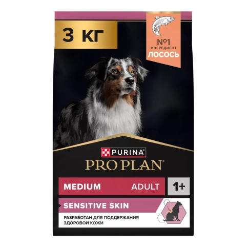 Сухой корм PRO PLAN Salmon для взрослых собак средних пород с чувствительной кожей, с высоким содержанием лосося, 3 кг фото 1