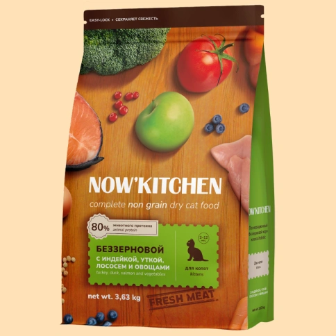 Сухой корм NOW'KITCHEN Fresh Kitten Turkey, Duck, Salmon & Vegetables для котят со свежей индейкой, уткой, лососем и овощами, 3,36 кг фото 1