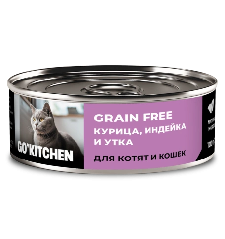 Влажный корм Go'Kitchen Chicken, Turkey & Duck для котят и кошек, с курицей, индейкой и уткой, 100 г фото 1