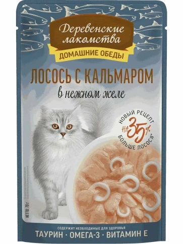 Влажный корм Деревенские Лакомства для кошек, с лососем и кальмаром, 70 г фото 1